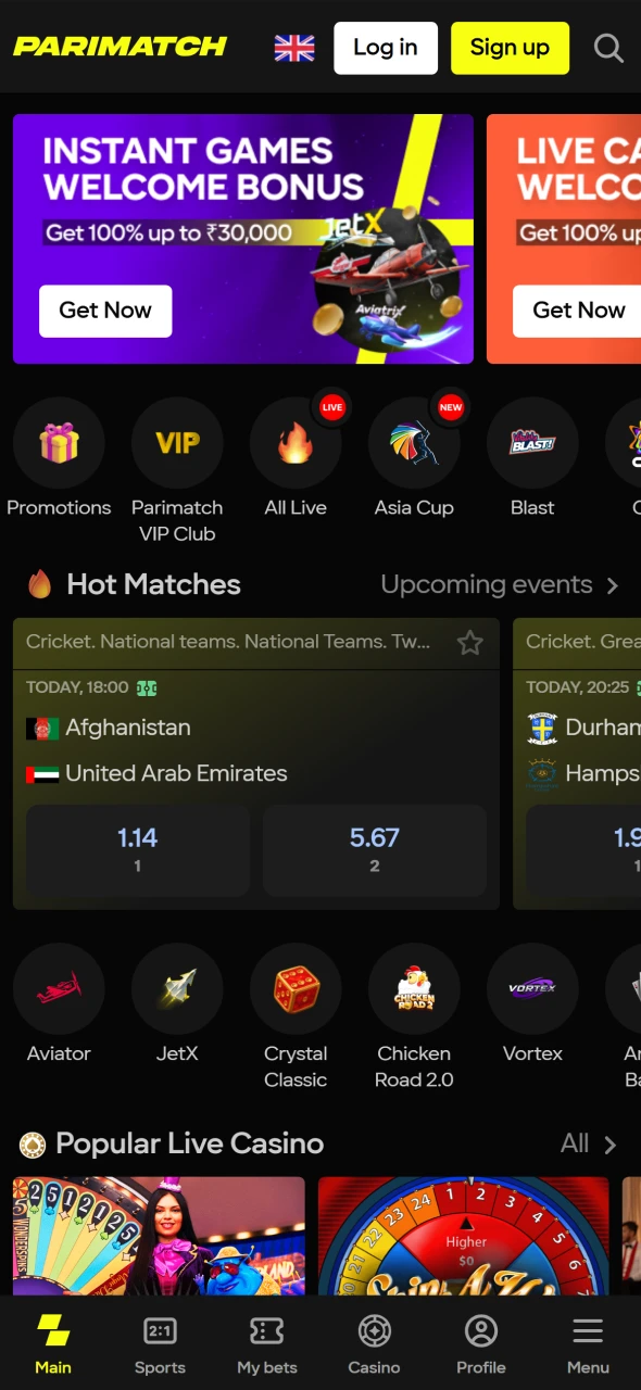 Visit the main page of Parimatch official app.