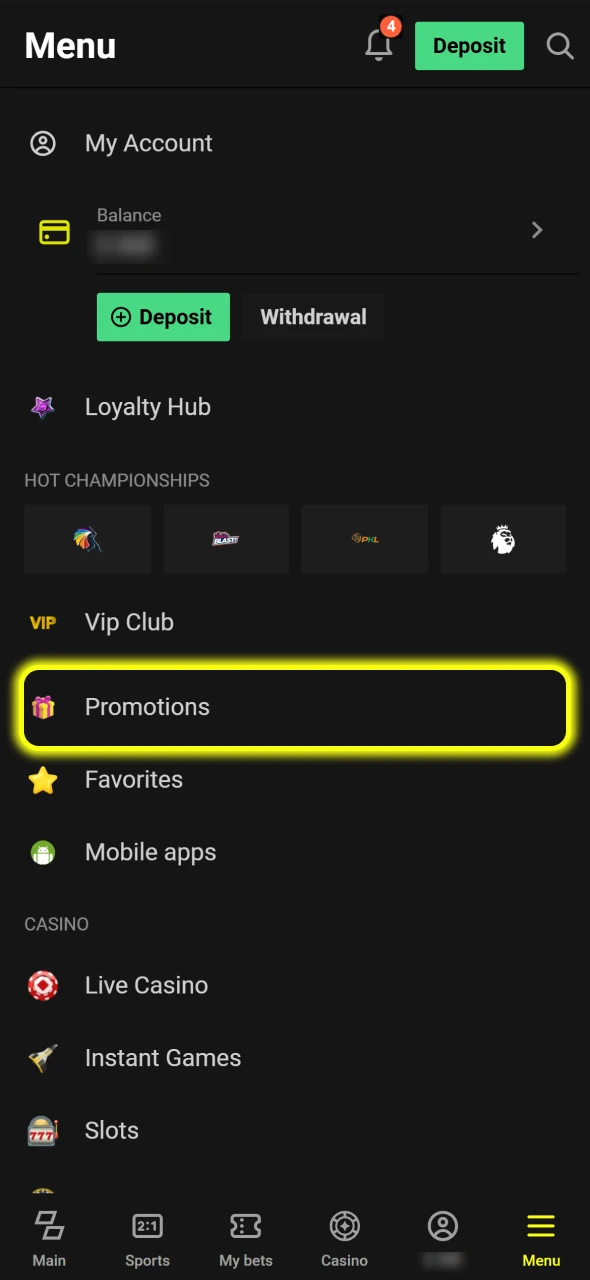 Go to Parimatch main page and find the Promotions button.