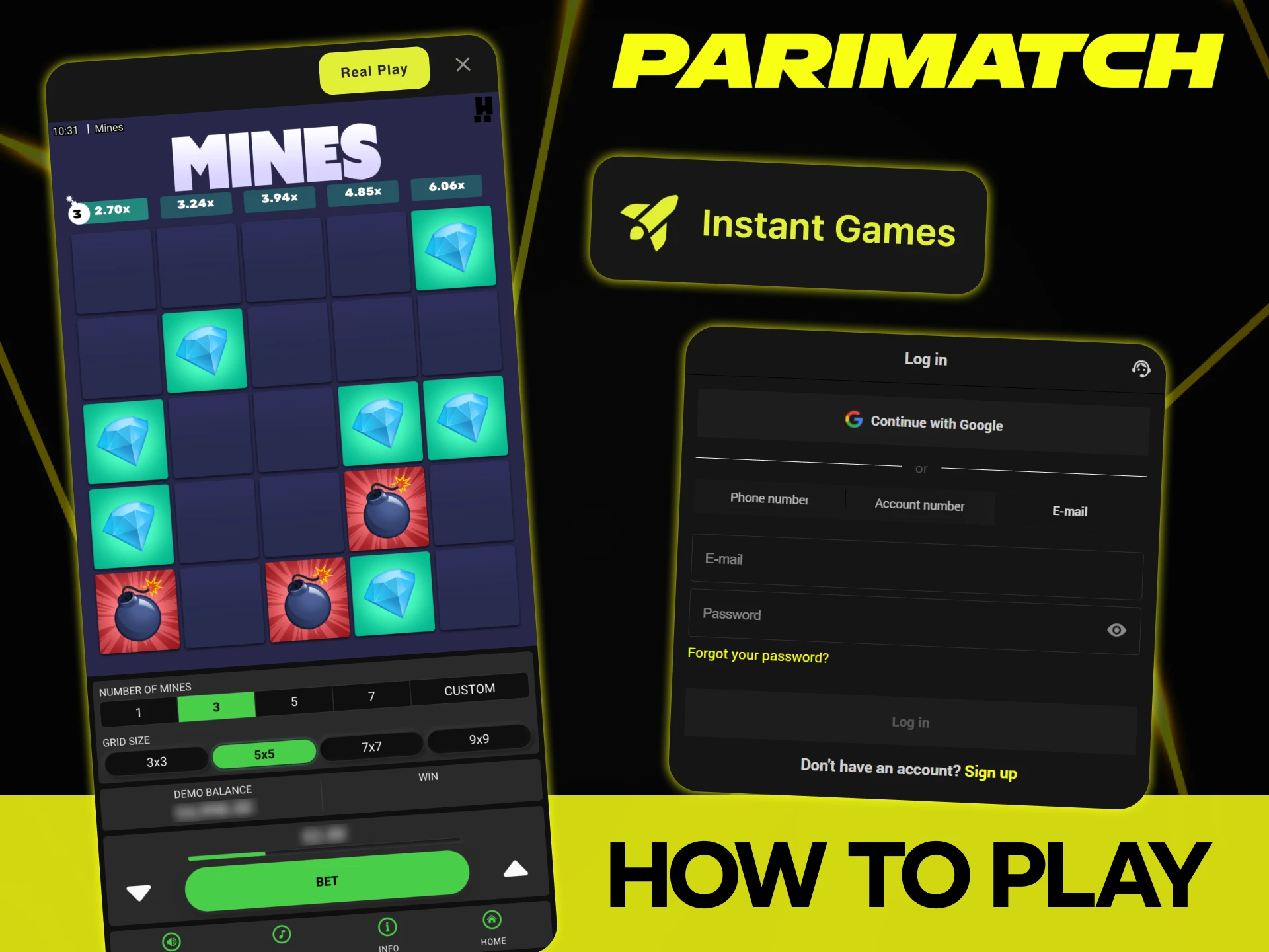 Follow the steps to start playing Mines at Parimatch.